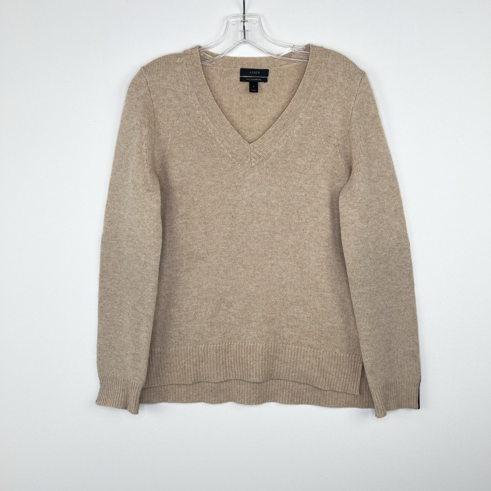 J.CREW Mod Luxe Beige Wool/Cashmere V-Neck Sweater Leather Elbow‎ Patches SMALL